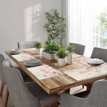 Batmerry Vintage Cherry Blossom Linen Placemats Set of 8, Delicate Watercolor Pink Flowers Washable Table Mats for Kitchen Table Thickened Heat Insulation Dining Set Indoor Outdoor 12X18 in