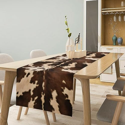 Cow Print Table Runner, Brown Cowhide Western Style Runner Country Farmhouse Cottage Patten Decoration for Home Kitchen Dining,13x36 Inch
