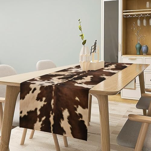 Cow Print Table Runner, Brown Cowhide Western Style Runner Country Farmhouse Cottage Patten Decoration for Home Kitchen Dining,13x90 Inch