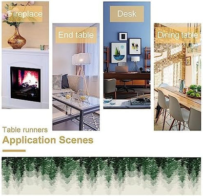 Green Forest Pine Trees Table Runner, Woodland Tabletop Scarf Home Kitchen Holiday Decor, Seasonal Farmhouse Rustic Dining Decorations Party Supply 13 X 70 Inch