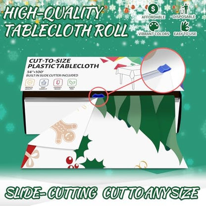 CXPSINC 54 Inch X 100 Feet Plastic Table Cover Roll Disposable Tablecloth with Slide Cutter for All Type/Shape Tables | Party, Banquet, Birthdays, Weddings(Christmas Tree, 100 Feet)