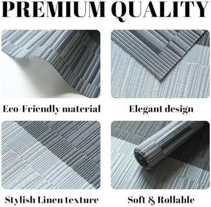 Placemats Set of 12 Vinyl/Plastic Woven Place Mats for Kitchen Table Indoor/Outdoor Washable Placemat Wipeable Dining Table Mats (Ombre Silver Grey Black,12)