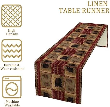 Rustic Bear Table Runner, Retro Vintage Bear Country Cabin Cottage Pine Tree Dinner Table Decoration for Home Kitchen Dining 13"x108"