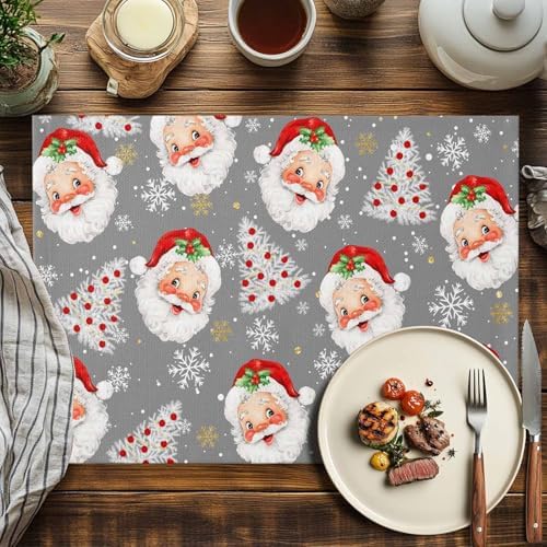 Grey Christmas Placemats Set of 6, Santa Claus Merry Christmas Tree Heat Resistant Washable Table Place Mats Winter Snowflake Cotton Table Linens Party Holiday Decor for Kitchen Dining Outdoor Indoor
