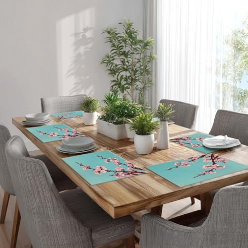 Batmerry Shabby Chic Cherry Blossom Linen Placemats Set of 8, Artistic Floral Illustration Washable Table Mats for Kitchen Table Thickened Heat Insulation Dining Set Indoor Outdoor 12X18 in