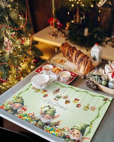 Merry Christmas Placemats Set of 6, Green Christmas Gnome Elf Heat Resistant Washable Table Place Mats Xmas Balls Cotton Table Linens Party Holiday Decor for Kitchen Dining Outdoor Indoor
