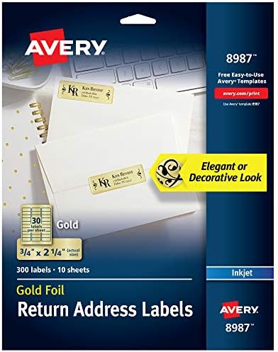 Avery® Printable Return Address Labels, 0.75" x 2.25", Gold Foil, 300 Blank Mailing Labels (08987)