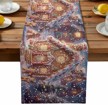 Christmas Table Runner Dresser Scarf 13 x 108 Inch Gingerbread Man House Candy Winter Night Snow Scene Table Runners Non-Slip Heat Resistant Kitchen Dining Table Decor for Home Holidays Indoor Outdoor