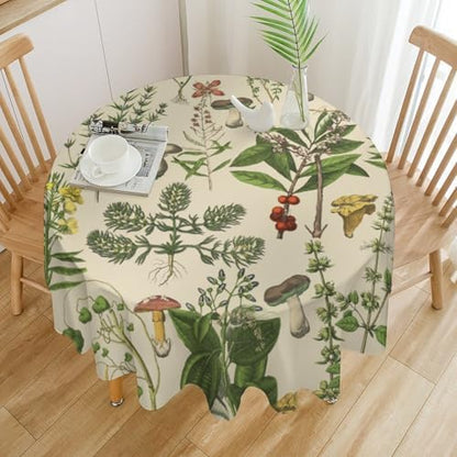Vintage Botanical Tablecloth, Antique 1900s Mushroom Boho Wildflower Green Herbs Ferns Farmhouse Table Cover for Party Picnic Dinner Decor, 60x60in