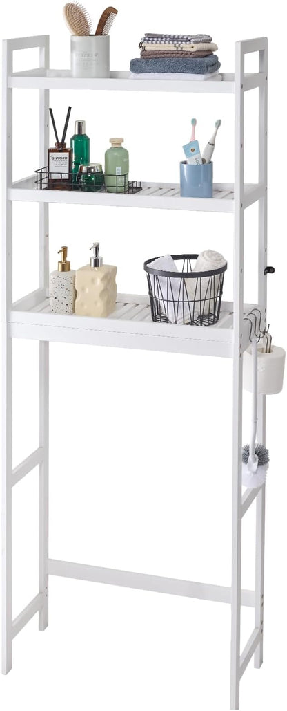 VEVOR Over The Toilet Storage, 3-Tier Adjustable Over Toilet Bathroom Organizer, Bamboo Storage Shelf Rack with 3 Hooks, Freestanding Easy Assembly Laundry Space Saver, Fit Most Toilets, White
