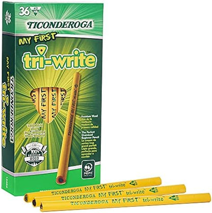 Ticonderoga My First Tri-Write Pencils without Eraser, Primary Size Wood-Cased #2 HB Soft, Yellow (13084) (Pack of 6, 216 Count Total)