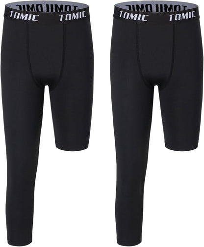 Tomic Youth Boys Kids One Leg 3/4 Leggings Compression Pants for Basketball Soccer Sports Athletic Training Tights Base Layer