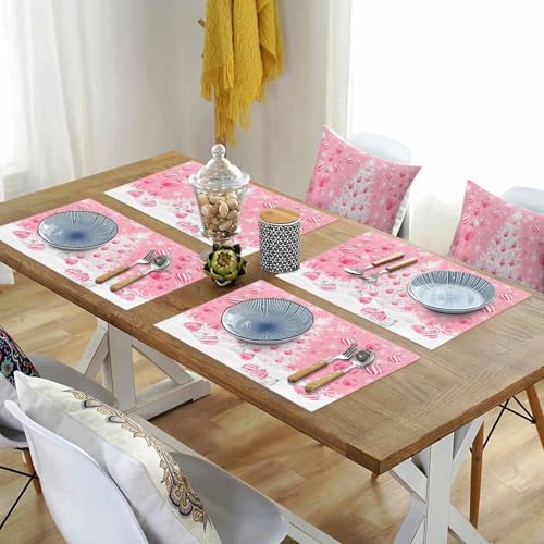 Pink Christmas Placemats Set of 6, White Xmas Tree Snowflakes Pink Balls Heat Resistant Washable Table Place Mats Winter Cotton Table Linens Party Holiday Decor for Kitchen Dining Outdoor Indoor