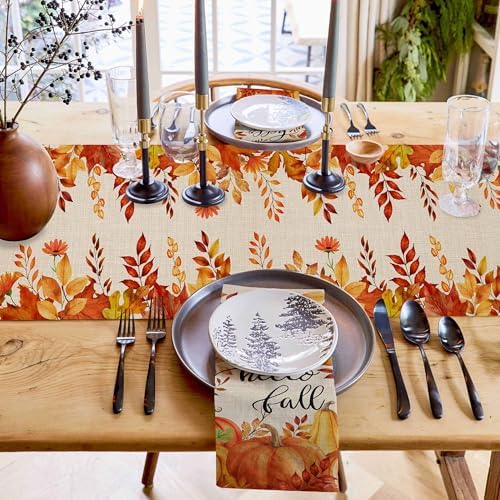 Fall Pumpkin Table Runner Dresser Scarf 18 x 72 Inch Harvest Orange Maple Leaves Table Runners Non-Slip Heat Resistant Kitchen Dining Table Decor for Autumn Thanksgiving Holidays Indoor Outdoor