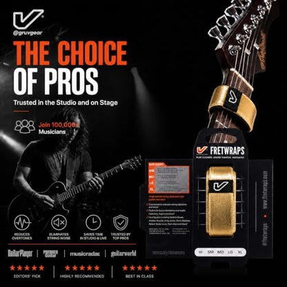 Gruv Gear Fret Wrap & Guitar Mute, Fretwrap for Acoustic, Electric & Bass | String Dampener Recording, Tapping & Practice Accessory (1 Pack, Large Gold, Fits 6 String Bass, 8 String Guitar)