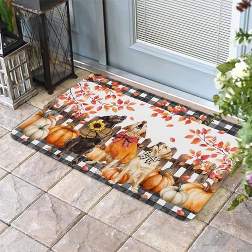 Fall Door Mat Orange Pumpkin Dog Doormat Bow Puppy Maple Leaves Fence Plaid Harvest Thanksgiving Welcome Mat Non Slip Entryway Front Rug Floor Mat for Indoor Outdoor Kitchen Autumn Holiday Decor 20x32