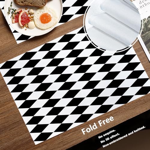 Batmerry Black White Diamond Linen Placemats Set of 8, Art Black and White Harlequin Washable Table Mats for Kitchen Table Thickened Heat Insulation Dining Set Indoor Outdoor 12X18 in