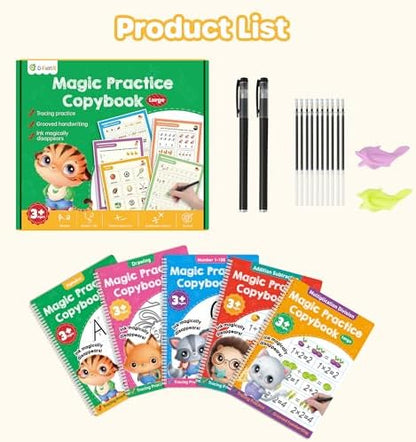 D-FantiX Large Magic Grooved Practice Copybook 5 Pack with Pens & Magic Grooved Writing Practice for Kids Age 3-5