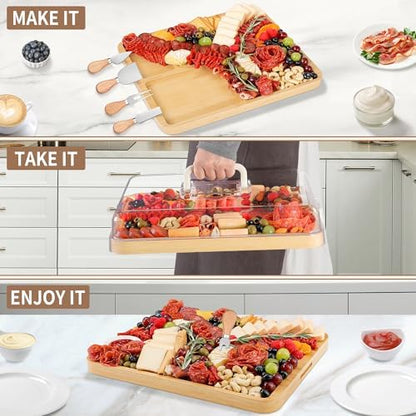 CAWIU Large Charcuterie Board with Lid, Portable Cheese Board & Snack Tray