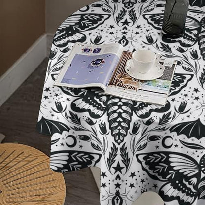 Boho Moth Tablecloth, Gothic Mysterious Halloween Black White Death Butterfly Bat Witch Print Table Cloth for Kitchen Dining Picnic Party Restaurant Decoration, 36x36in