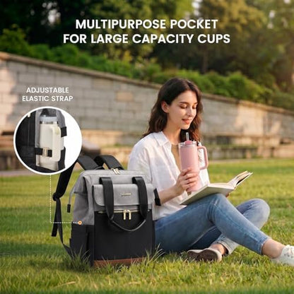 LOVEVOOK Laptop Backpack for Women with Giant Tumbler Holder, 15.6 Inch Work Laptop Bag with USB Port, Fashion Teacher Nurse Backpack Purse, Waterproof Travel Computer Backpack, 2PCS, Grey-Black