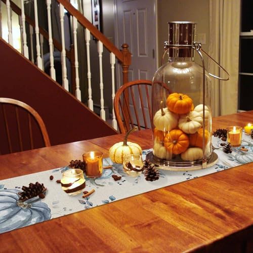 Fall Pumpkin Table Runner Dresser Scarf 13 x 90 Inch White Blue Leaves Rustic Table Runners Non-Slip Heat Resistant Kitchen Dining Table Decor for Autumn Thanksgiving Holidays Indoor Outdoor