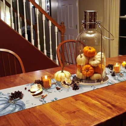 Fall Pumpkin Table Runner Dresser Scarf 13 x 36 Inch White Blue Leaves Rustic Table Runners Non-Slip Heat Resistant Kitchen Dining Table Decor for Autumn Thanksgiving Holidays Indoor Outdoor
