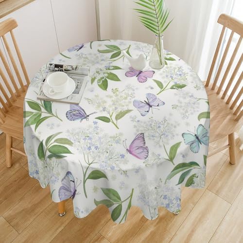 Butterfly Floral Tablecloth, Spring Summer Watercolor Flowers Plants Leaves Print Table Cover for Party Picnic Dinner Decor, 70x70in