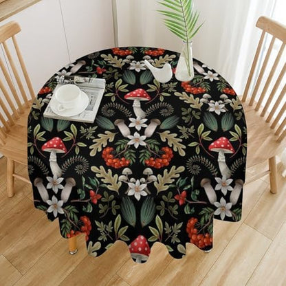 Autumn Mushroom Tablecloth, Rustic Vintage Farmhouse Mushrooms Fern Berries Leaves Botanical Print Table Cover for Outdoor Party Picnic Kitchen Dinning Table Decor, 50x50in