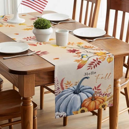 Fall Table Runner Hello Fall Pumpkin Table Runners Harvest Thanksgiving Maple Leaves Sunflower Bird Cotton Linen Dresser Scarf Kitchen Dining Table Decor for Autumn Holiday Party Coffee 13x48 Inch