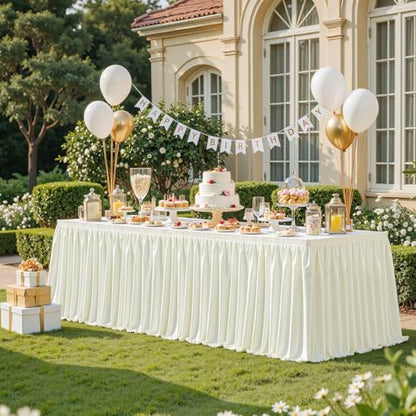 Wish Care 17ft Ivory Satin Long Table Skirt for Rectangle Tables Wrinkle Free Teacher Desk Skirt Glitter Ruffle Table Skirting Cloth for Back to School Classroom Office Birthday Party Table Decor