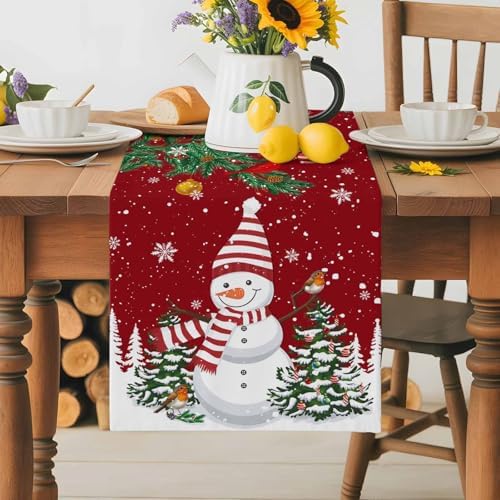 Christmas Cartoon Snowman Table Runner Dresser Scarf 13 x 36 Inch Holly Bird Pine Tree Snow Red Table Runners Non-Slip Heat Resistant Kitchen Dining Table Decor for Winter Holidays Indoor Outdoor