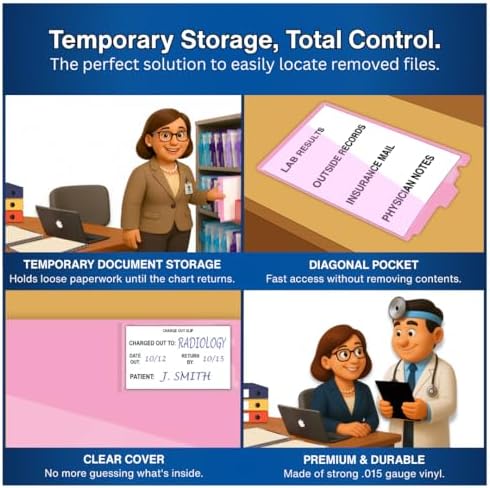 Doctor Stuff - Center Tab Vinyl Outguides, Diagonal Cut Front Pocket, Top Charge Out Slip Pocket, Plastic File Folder, Letter Size 9" x 13-1/4", Pink, 25/Box