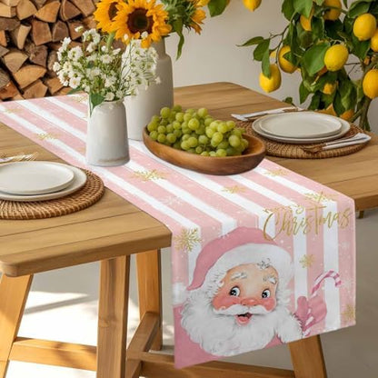 Pink Santa Claus Table Runner Dresser Scarf 13 x 36 Inch Merry Christmas Candy Snowflake White Striped Table Runners Non-Slip Heat Resistant Kitchen Dining Table Decor for Home Holidays Indoor Outdoor