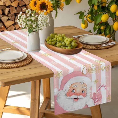 Pink Santa Claus Table Runner Dresser Scarf 13 x 72 Inch Merry Christmas Candy Snowflake White Striped Table Runners Non-Slip Heat Resistant Kitchen Dining Table Decor for Home Holidays Indoor Outdoor