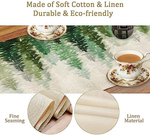 Forest Pine Trees Table Runner, Woodland Tabletop Scarf Home Kitchen Holiday Decor, Seasonal Farmhouse Rustic Dining Decorations Party Supply 13 X 108 Inch