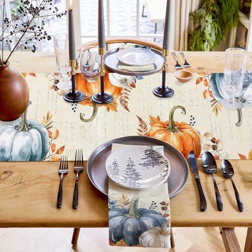Fall Pumpkin Table Runner Dresser Scarf 14 x 72 Inch Blue Orange Maple Leaf Rustic Table Runners Non-Slip Heat Resistant Kitchen Dining Table Decor for Autumn Thanksgiving Holidays Indoor Outdoor