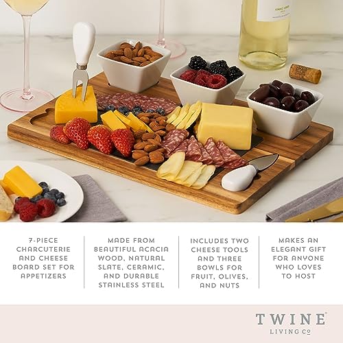 Twine Acacia & Slate Cheese Board Set - Charcuterie Board Bowls and Knives - Slate Cheese Tray Wood Cheese Board - 7-Piece Set of 1, Brown