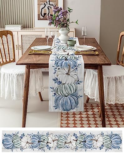 Fall Table Runner Blue Pumpkin Table Runners Harvest Thanksgiving White Blue Pumpkins Wooden Cotton Linen Dresser Scarf Kitchen Dining Table Decor for Autumn Holiday Party Coffee 13x90 Inch
