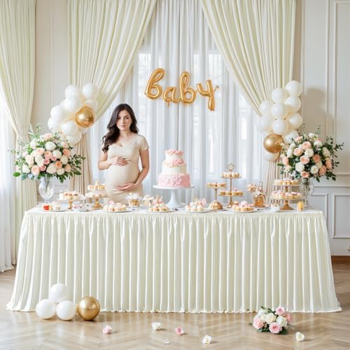 Wish Care 17ft Ivory Satin Long Table Skirt for Rectangle Tables Wrinkle Free Teacher Desk Skirt Glitter Ruffle Table Skirting Cloth for Back to School Classroom Office Birthday Party Table Decor