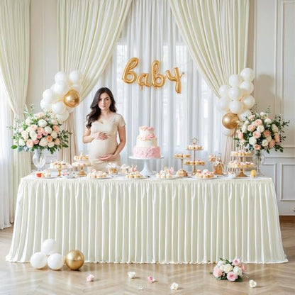 Wish Care 17ft Ivory Satin Long Table Skirt for Rectangle Tables Wrinkle Free Teacher Desk Skirt Glitter Ruffle Table Skirting Cloth for Back to School Classroom Office Birthday Party Table Decor