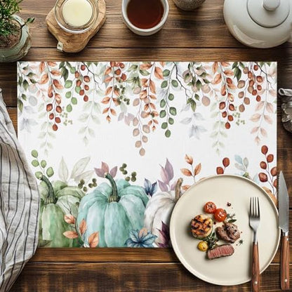 Fall Thanksgiving Placemats Set of 6, Autumn Pumpkins Eucalyptus Leaves Heat Resistant Washable Dining Table Mats Fall Holiday Farmhouse Decor for Kitchen&Linens Outdoor Indoor, Blue Sage Green Orange