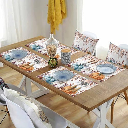 Fall Thanksgiving Placemats Set of 4, Watercolor Pumpkins Eucalyptus Leaves Heat Resistant Washable Linen Table Place Mats Party Holiday Decor for Home Kitchen Dining Outdoor Indoor, Blue Orange