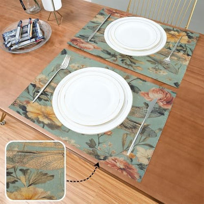 ALAZA Vintage Dragonfly Floral 1 PC Placemats Rectangle Table Mat for Dining Table Restaurant Kitchen Home Decor, 12" x 18"