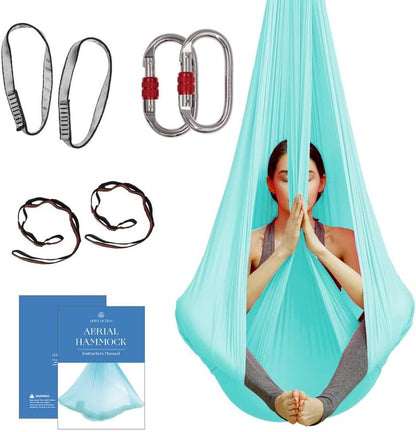 Aerial Silk Yoga Hammock & Swing for Home, Inversion Exercises, Starter Kit for All Levels - Durable with Extension Straps, Carabiners, and Pose Guide