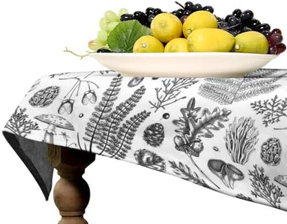 Vintage Mushroom Tablecloth, Black White Nature Forest Fern Leaves Autumn Plants Botanical Print Table Cover for Home Dining Decor Kitchen Party Outdoor 60x110in