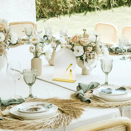 Frosted Arch Wedding Table Numbers 1-10, Gold Numbers and Stands