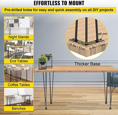 VEVOR Hairpin Table Legs 22" Black Set of 4 Desk Legs 880lbs Total Load Capacity Hairpin Desk Legs 3 Rods for Bench Desk Dining End Table Chairs Carbon Steel DIY Heavy Duty Furniture Legs