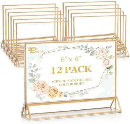 EHWINE 12 Pack Acrylic Sign Holder 4 x 6 Horizontal, Double-Sided Stand up Table Top Sign Holders, Gold Acrylic Picture Frame Menu Flyer Paper Holder Display Stand for Office Business Store Wedding Party
