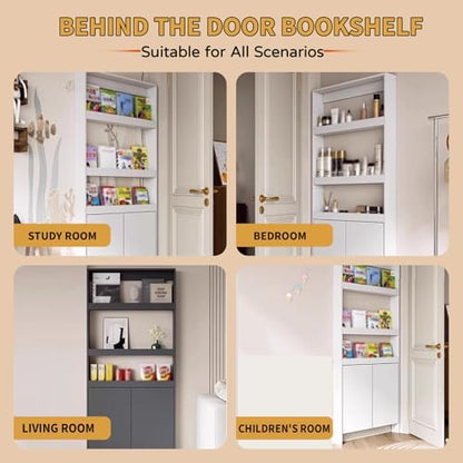 LINLIUA Behind the Door Bookshelf, 5 Shelf Behind Door Shelves with Storage, Space-Saving Wall Mount Narrow Bookcase Cabinet for Living Room Bedroom